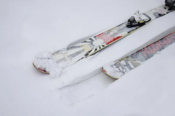 Ski Twintip Intéressant Couché Dans Neige Ski Acrobatique Slopestyle — Photo