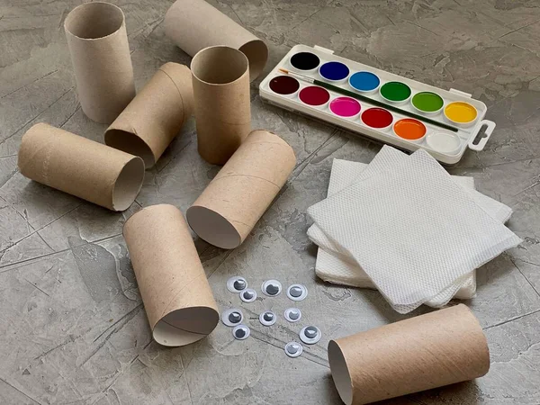 Roll of toilet paper, paint , napkins, set for childrens creativity — Stock Photo, Image