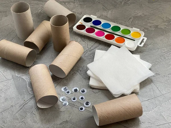 Roll of toilet paper, paint , napkins, set for childrens creativity — Stock Photo, Image