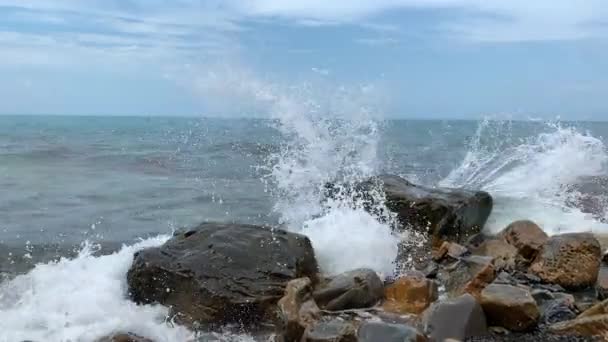 Olas en el mar golpean contra las rocas en la orilla. — Vídeo de stock
