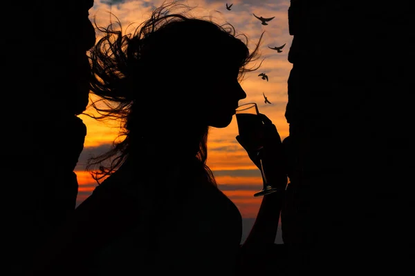 Silhouette Woman Drinking Wine Sunset — Stock Photo, Image