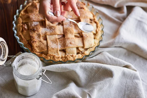 Cooking baking concept. Making rustic American style apple pie, top view on table with sugar — Stock Photo, Image