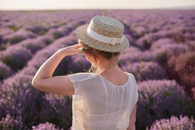 Lavanta tarlalarında bej renkli hasır şapkalı genç kız.
