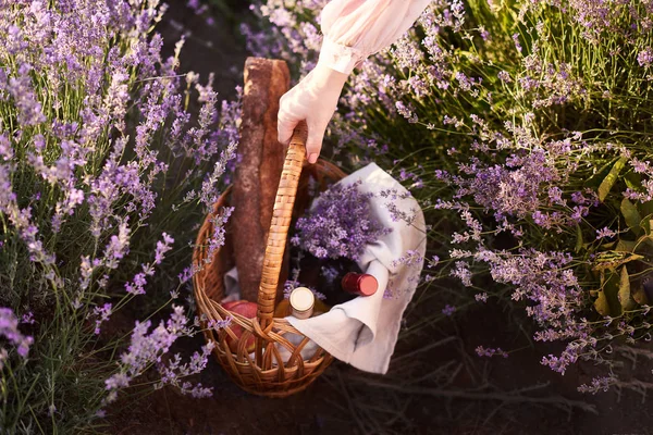 Donna tiene cesto di vimini e cerca un buon posto per pic-nic — Foto Stock