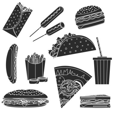 Monochrome black vector fast food symbols set clipart