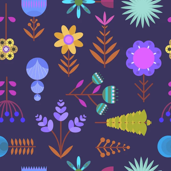 Schönes dunkles Muster mit flachen, einfachen Blüten — Stockvektor