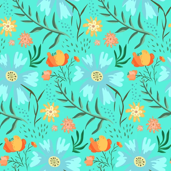 Inschrijving blauwe en groene bloemen zomer patroon — Stockvector