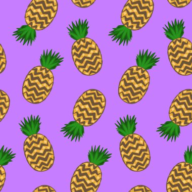Parlak psychedelic mor seamless modeli ile karikatür ananas. Yaz renkli ananas doku Tekstil, Mayo, ambalaj kağıdı, arka plan, yüzey için doodle
