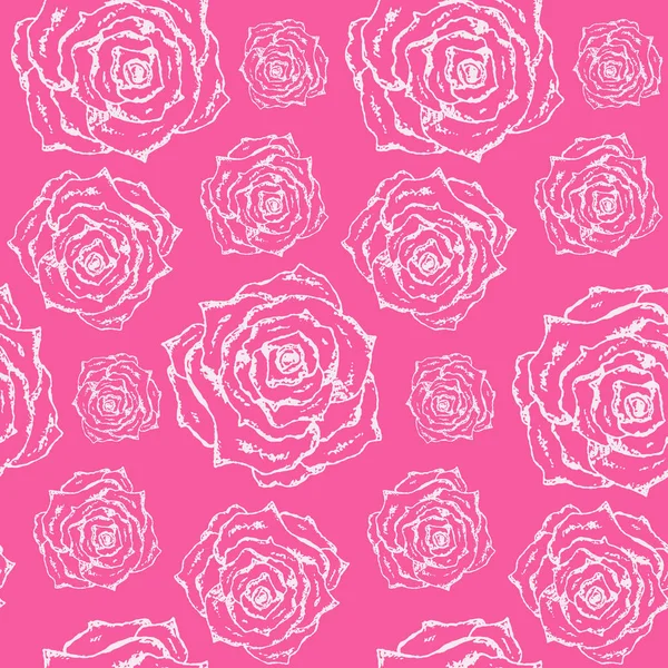 Patrón rosa brillante con rosas de contorno blanco — Archivo Imágenes Vectoriales