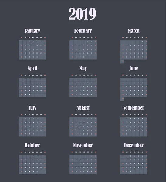 Eenvoudige donkere kalender van 2019 Nieuwjaar — Stockvector