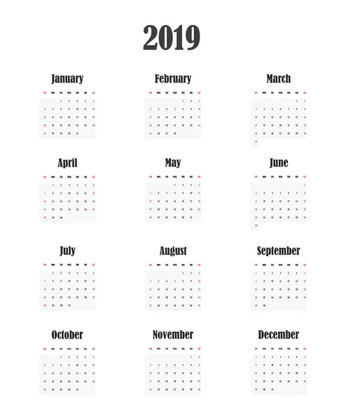 Einfacher weißer Kalender für das neue Jahr 2019 — Stockvektor