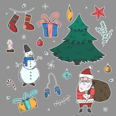 Doodle Noel öğeleri kümesi parlak çıkartmaları