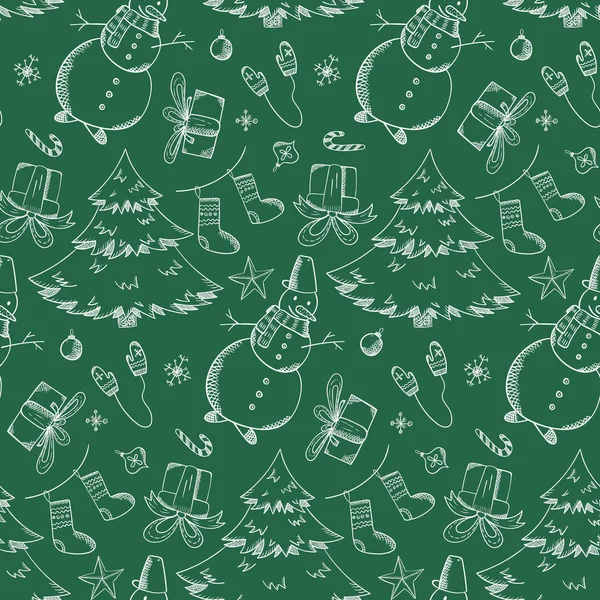 Зеленый узор с нарисованными вручную рождественскими элементами — стоковый вектор