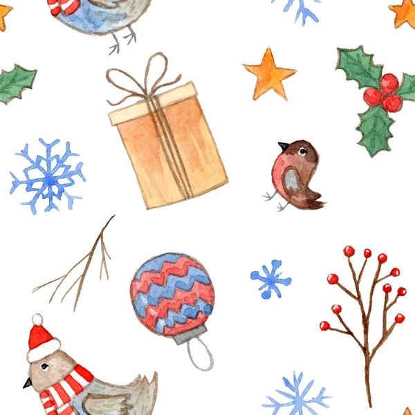 Söt vit akvarell jul mönster med fågel — Stockfoto