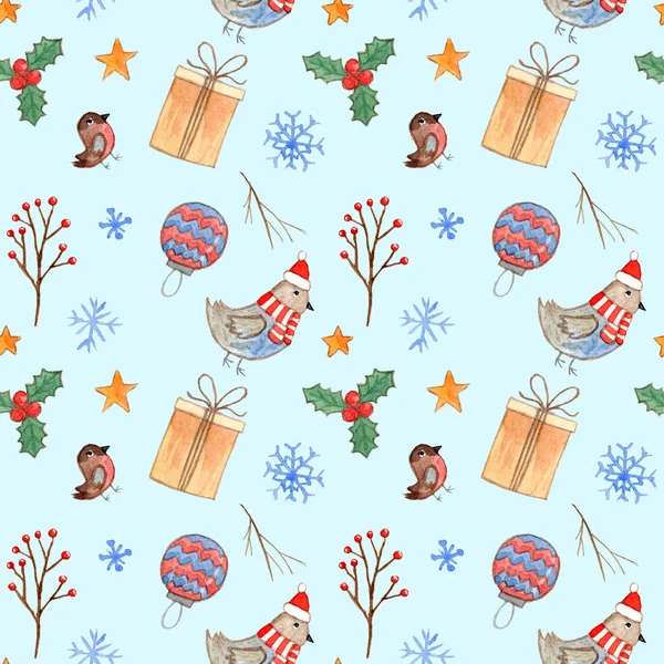 Tenero acquerello blu modello di Natale con uccello — Foto Stock