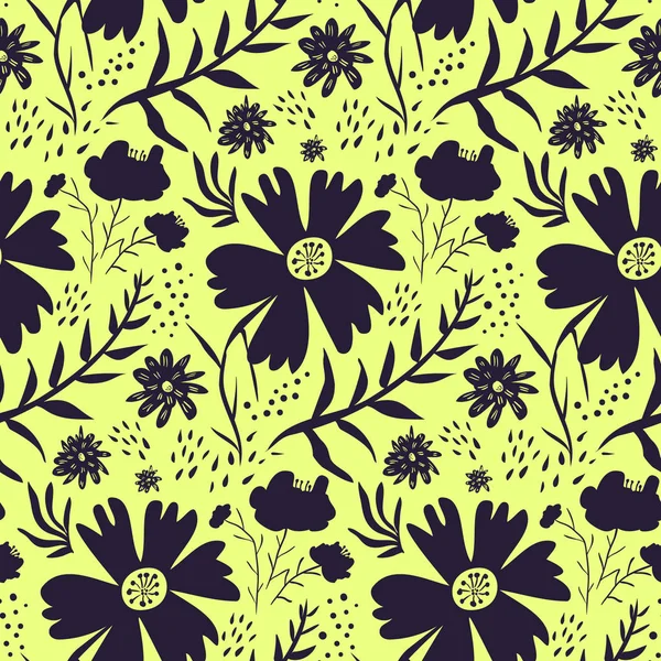 Patrón floral brillante amarillo y negro — Vector de stock