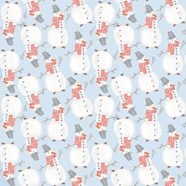 Aquarell Weihnachtsmuster mit lustigen Schneemännern — Stockfoto