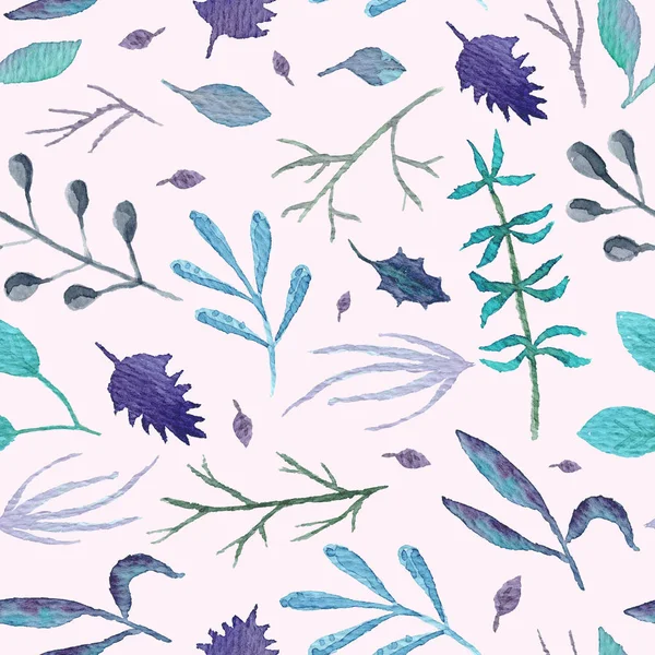 Patrón Sin Costuras Botánico Misterioso Con Hojas Ramas Púrpura Azul —  Fotos de Stock