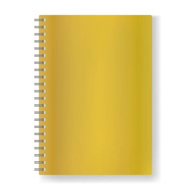 Dikdörtgen vektör boş altın gerçekçi defter üzerinde sarmal mockup şablonuyla gölge, kapalı Düzenleyicisi veya Not defteri A4 levha ile