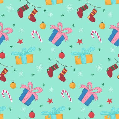 Şirin el ile seamless modeli parlak Noel hediye kutuları ve çorap çizilmiş. Kış doku tatil topları, şekerler, tekstil, ambalaj kağıdı, duvar kağıdı, Yılbaşı dekor için kar taneleri ile