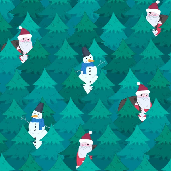 Симпатичный Рождественский Узор Веселым Санта Клаусом Снеговиком Зеленом Огненном Лесу — стоковый вектор