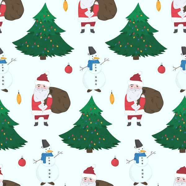 Doodle Рождество Плавный Узор Милой Рукой Нарисованы Снеговики Санта Клаус — стоковый вектор