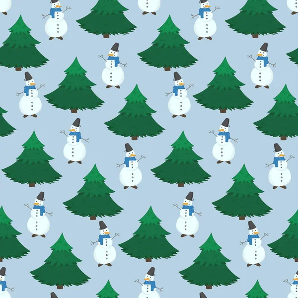 Симпатичный Рождественский Бесшовный Узор Веселыми Снеговиками Зелеными Елками Синем Фоне — стоковый вектор