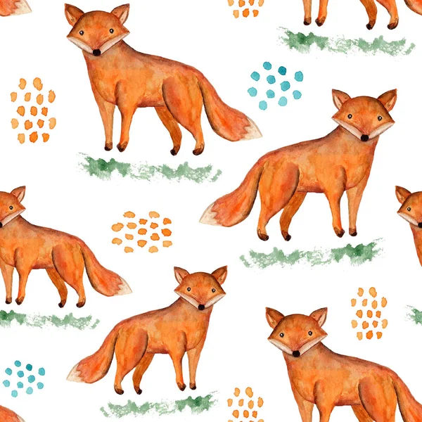 Χαριτωμένο ακουαρέλα πορτοκαλί αλεπού στο γρασίδι μοτίβο — Φωτογραφία Αρχείου
