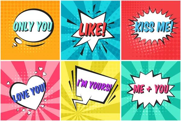 Set of cute color Valentines retro speech bubbles — Stock Vector