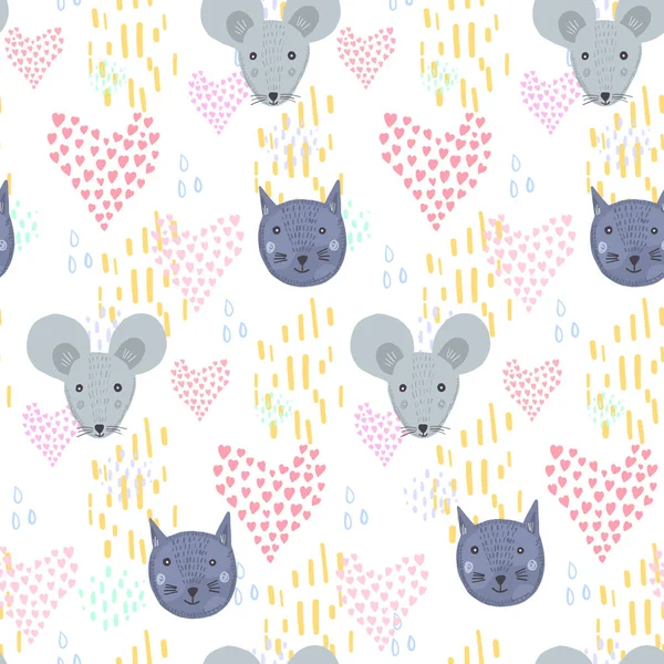 Cute Cartoon Seamless Pattern Gray Mice Blue Cats Heads Pink — Stockvector