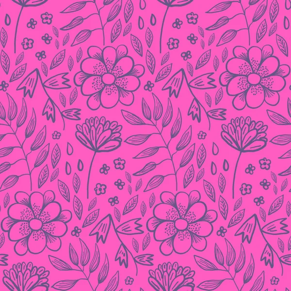 Patrón floral rosa brillante con flores y hierbas — Vector de stock