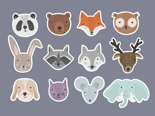 Conjunto de bonitos desenhos animados mão desenhada animais adesivos — Vetor de Stock