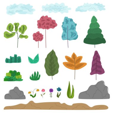 Renkli fantezi soyut ağaçlar, çim kümesi