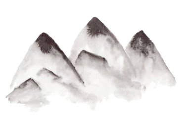 Siyah Çince mürekkep sisli dağlar illüstrasyon