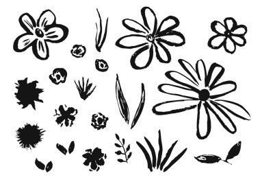 Elle çizilmiş Çince mürekkep çiçekler ve çim kümesi. Inky çiçek çiçekleri ve yaprakları öğeleri doku desen tasarımı, tebrik kartı dekorasyon, logo için kroki