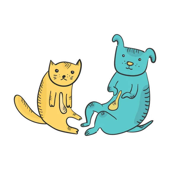 Cute cartoon sitting yellow cat and blue dog