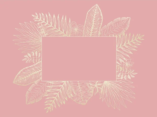 ピンクの黄金の熱帯の葉の柔らかいフレーム — ストックベクタ