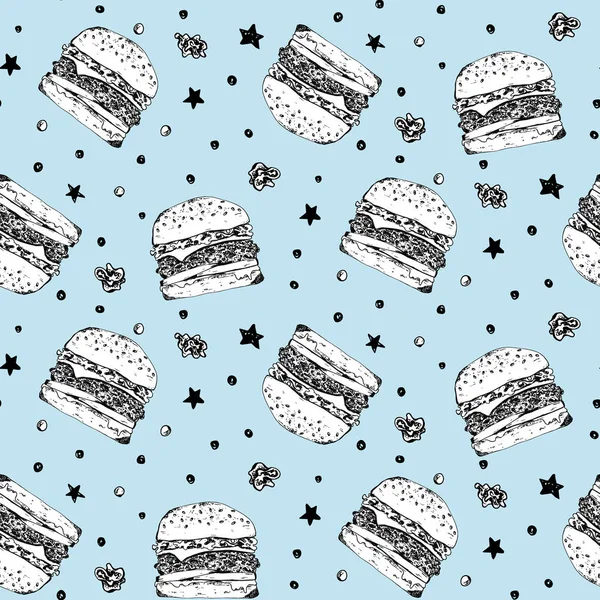 Leuk patroon met witte hamburgers op blauwe achtergrond — Stockvector