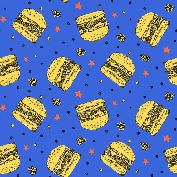 Heldere patroon met gele hamburgers op blauw — Stockvector