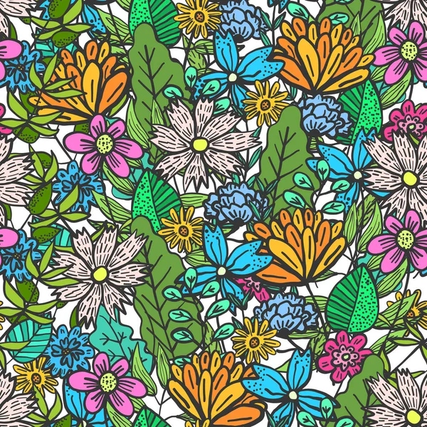 Doodle kwiatowy wzór z bałagan kolor kwiatów — Wektor stockowy