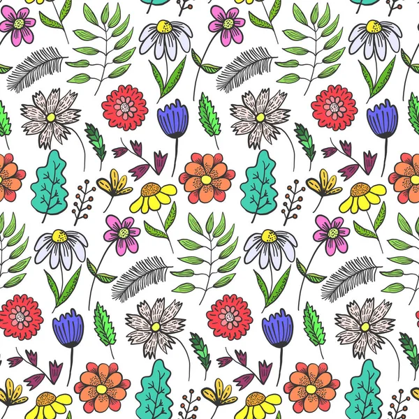 Jasne doodle kwiatowy wzór z kolorowych kwiatów — Wektor stockowy