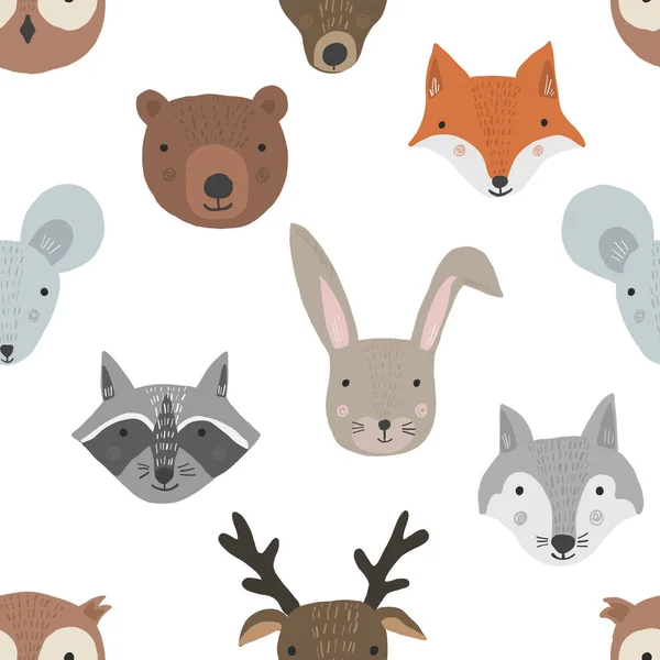 Padrão de desenho animado bonito com cabeças de animais da floresta — Vetor de Stock