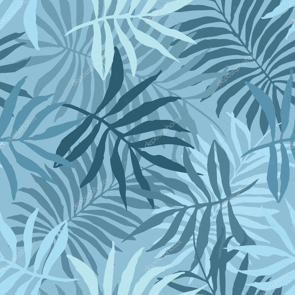 Elegant pattern with tender blue tropical leaves