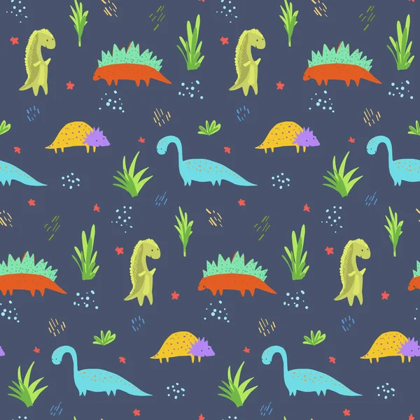 Lindo patrón de dinosaurios azul oscuro para textiles para niños — Archivo Imágenes Vectoriales