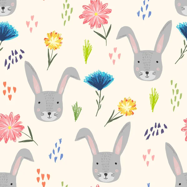 Милий мультиплікаційний візерунок з кроликами, крапками і квіткою — стоковий вектор