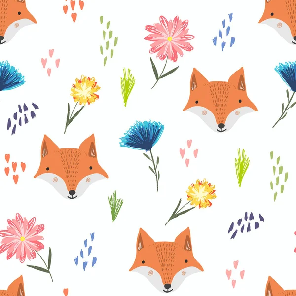 Lindo patrón de dibujos animados con zorros, puntos y flores — Vector de stock