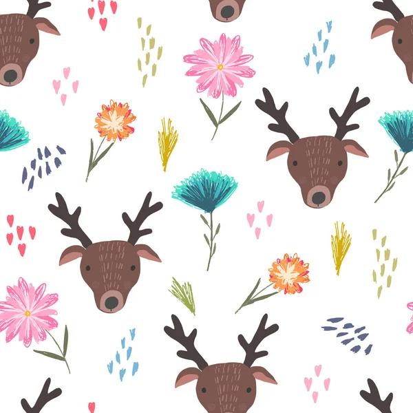 Cute cartoon pattern with deers, dots and flowers — Stock Vector