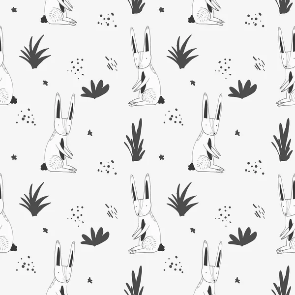 Lindo patrón con conejos de dibujos animados y hierba — Vector de stock