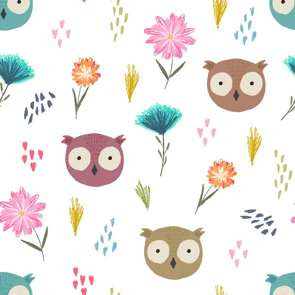 Lindo patrón de dibujos animados con cabezas de búho y flores — Vector de stock