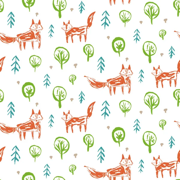 Childish pattern with sketch foxes in forest — Stock Vector